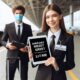 Airport meet & greet services with female girl wearing black suit in tie holding an iPad with text sign written Sign Name BlackWaze Limo